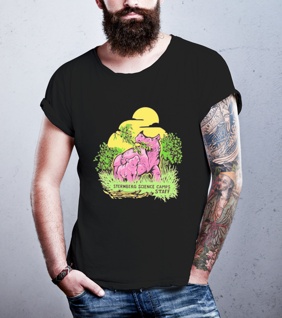 Sternberg Science Camps Staff Pink Dinosaurs Under Yellow Sun T-Shirt
