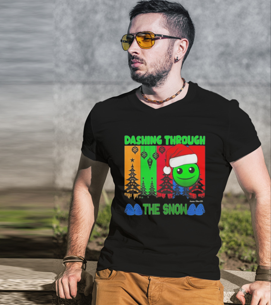 Dashing Through The Snow Emoji Santa Hat Christmas Trees Multicolor Snowflakes T-Shirt