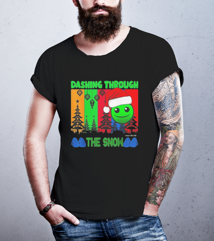 Dashing Through The Snow Emoji Santa Hat Christmas Trees Multicolor Snowflakes T-Shirt
