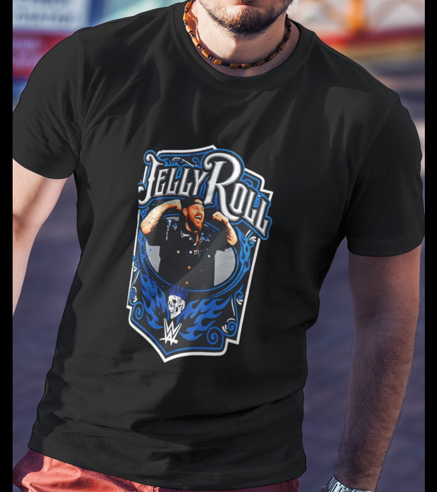 Jelly Roll WWE Superstar Illustration With Flaming Skull And Tattooed Arms T-Shirt