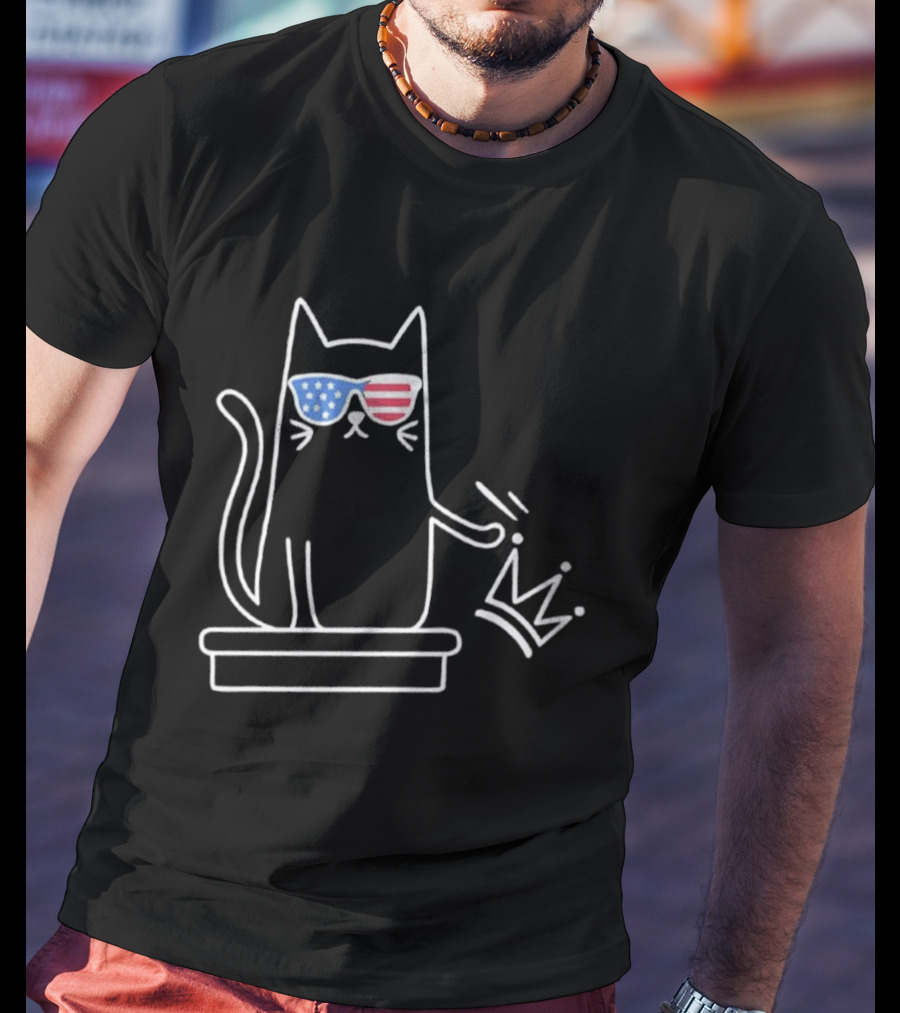 Cat No Kings In America Patriotic Sunglasses Sketch T-Shirt