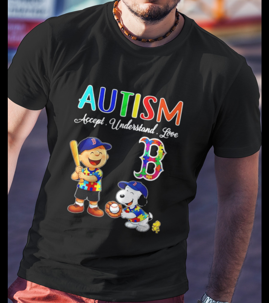 Charlie Brown Snoopy Boston Red Sox Autism Accept Understand Love T-Shirt