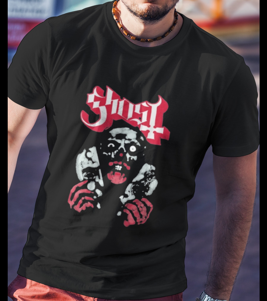 Ghost Mask Design Red And White Skulls And Hands T-Shirt