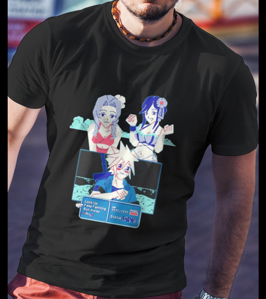 Cloud Strife Panic Aerith Tifa Final Fantasy VII Battle Scene Pixel T-Shirt