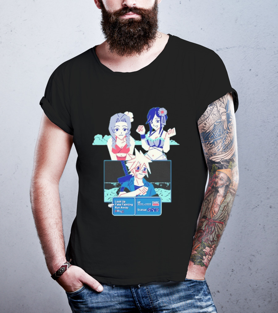 Cloud Strife Panic Aerith Tifa Final Fantasy VII Battle Scene Pixel T-Shirt