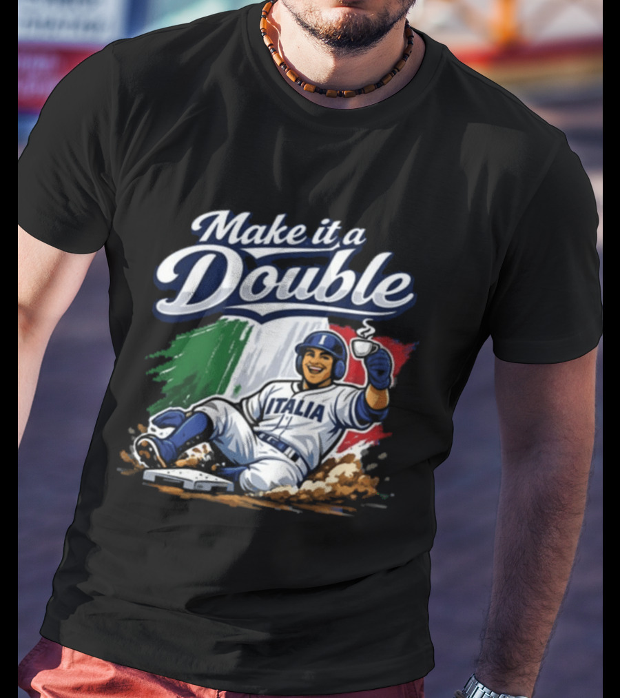 Make It A Double Italia Baseball Sliding Player Italian Flag T-Shirt