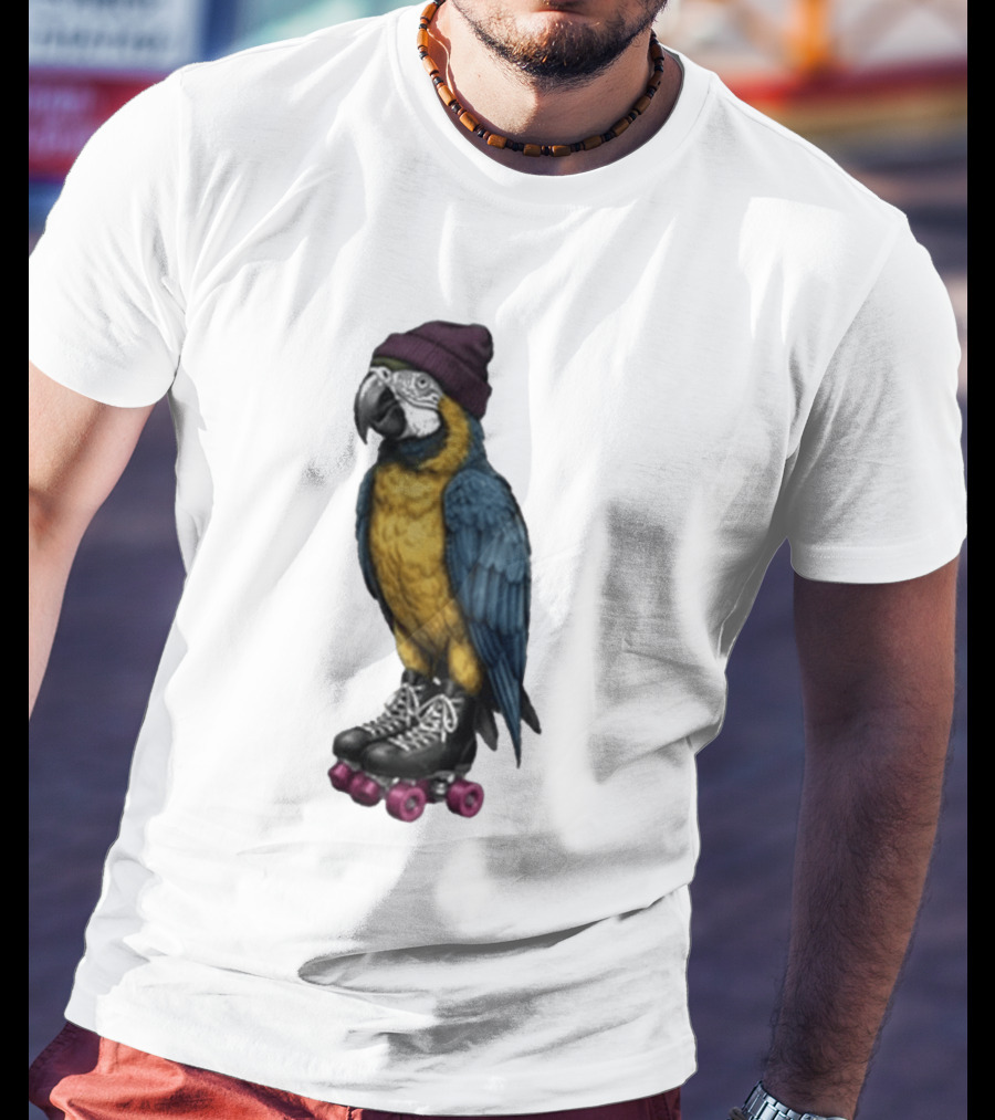 Nice Roller Skating Parrot With Hat And Colorful Feathers T-Shirt