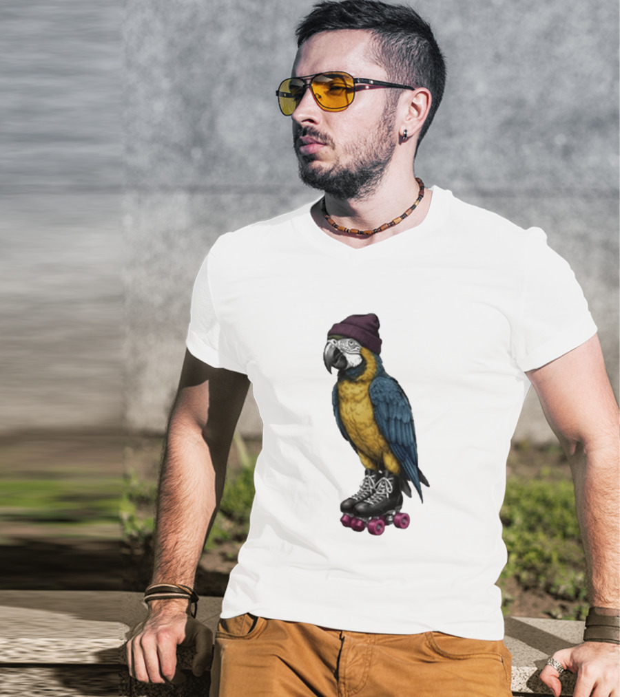 Nice Roller Skating Parrot With Hat And Colorful Feathers T-Shirt