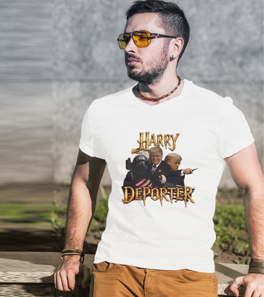 Harry Deporter Trump Magic ICE Badge Wand American Flag T-Shirt