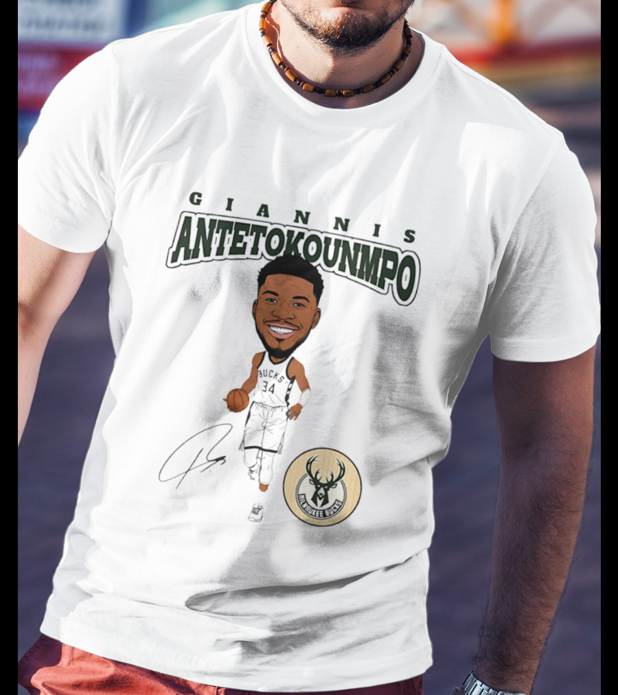 Giannis Antetokounmpo Milwaukee Bucks Hardwood Comic Caricature Basketball Signature 34 T-Shirt