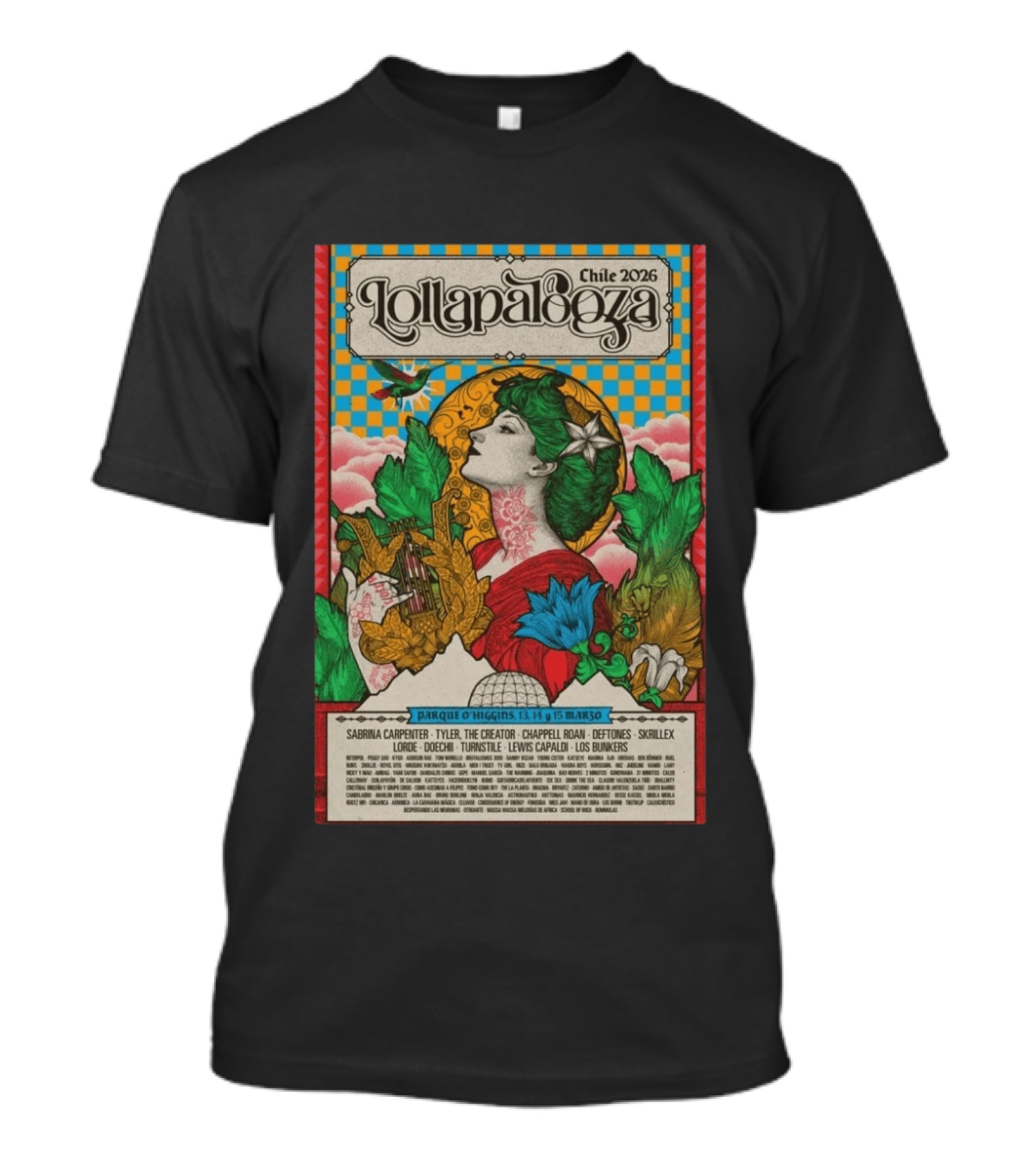 Lollapalooza Chile 2026 Parque O'Higgins Music Festival Art Nouveau With Sabrina Carpenter Tyler The Creator Chappell Roan T-Shirt