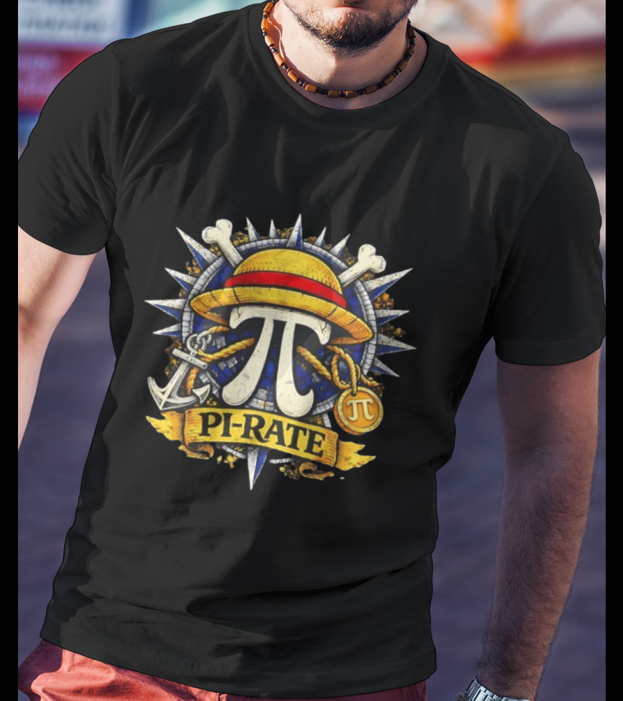 One Piece Pirate Straw Hat Pi Symbol Nautical Anchor Crossbones Medallion T-Shirt