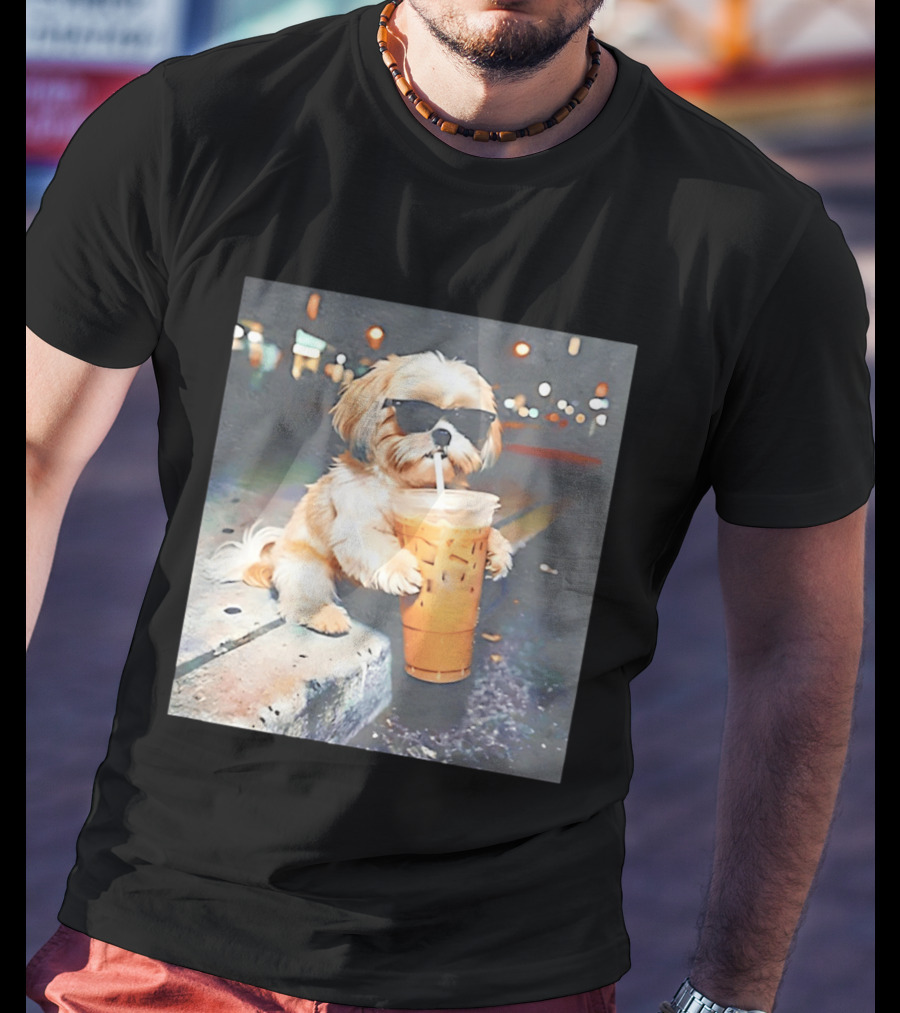 Shih Tzu Enjoying Iced Coffee At Night With Sunglasses T-Shirt