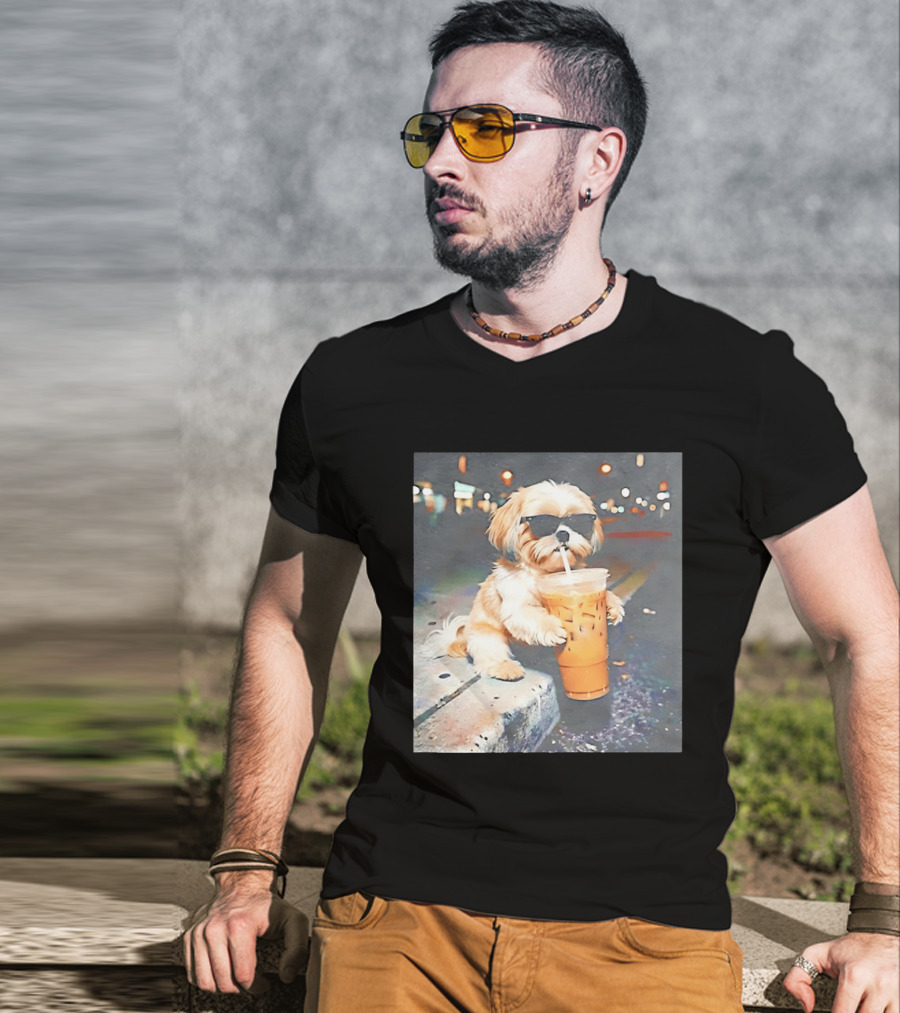 Shih Tzu Enjoying Iced Coffee At Night With Sunglasses T-Shirt