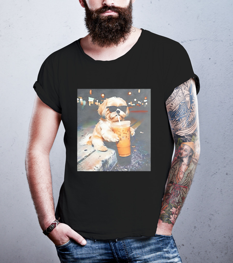 Shih Tzu Enjoying Iced Coffee At Night With Sunglasses T-Shirt