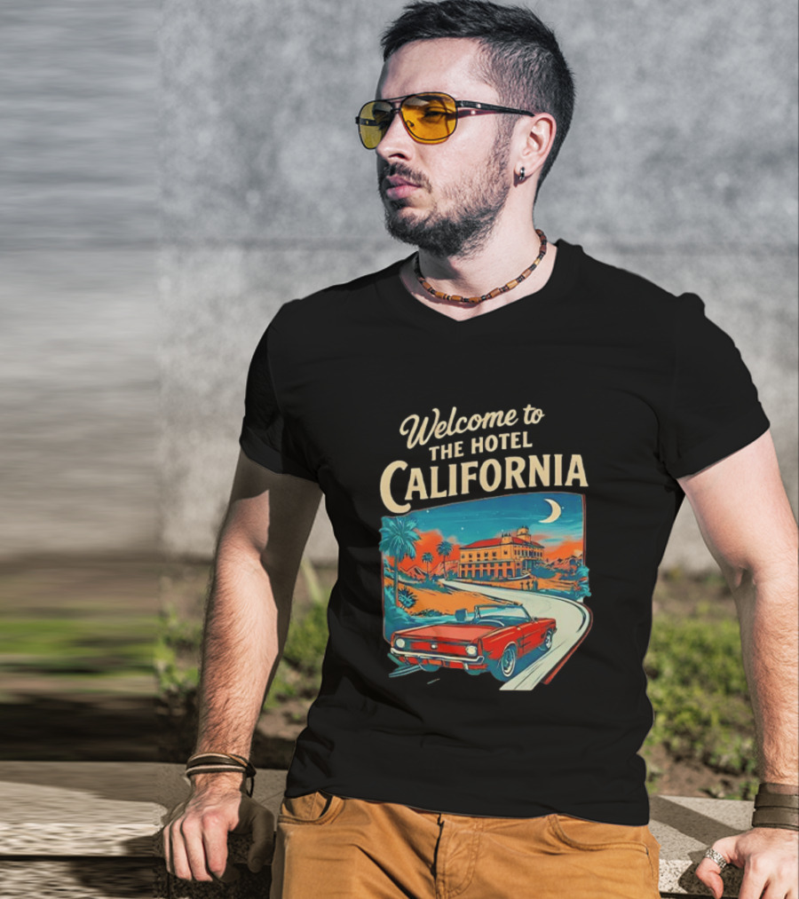 Welcome To The Hotel California Red Convertible Vintage Palm Trees Moonlit Scene T-Shirt