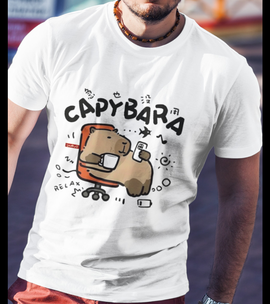 Capybara Relaxing On Office Chair With Coffee And Phone T-Shirt