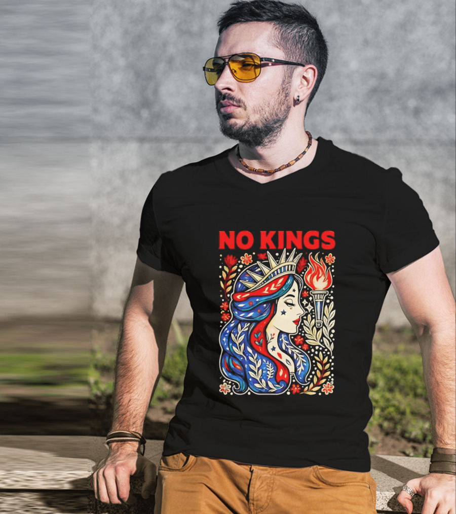 No Kings Liberty Crowned Woman Torch And Floral T-Shirt