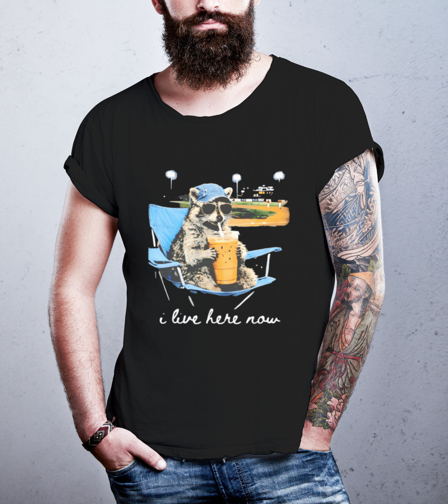 Raccoon I Live Here Now Funny Coffee Lover Camping Chair Sunglasses Baseball Cap T-Shirt