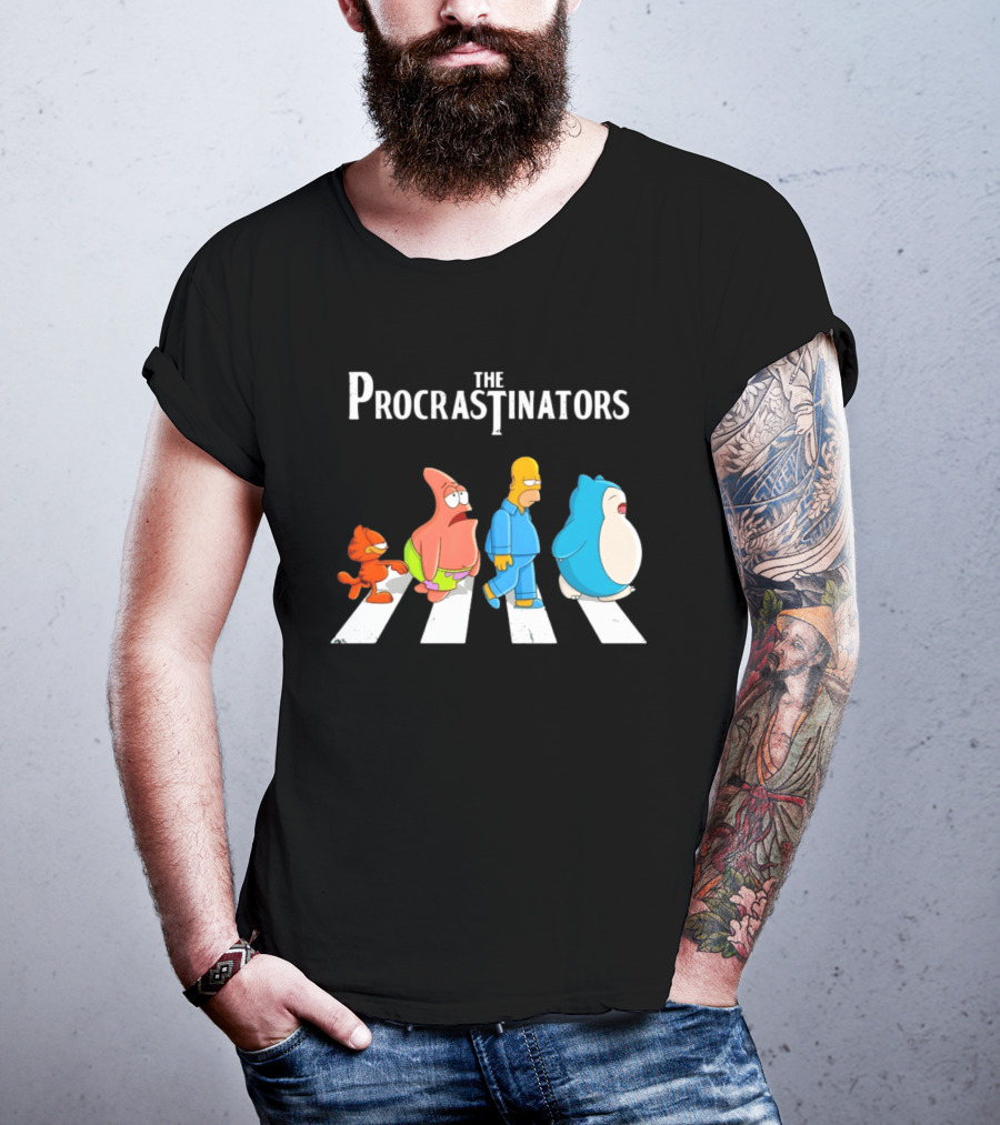 The Procrastinators Cartoon Abbey Road Parody With Iconic Characters Crossing T-Shirt