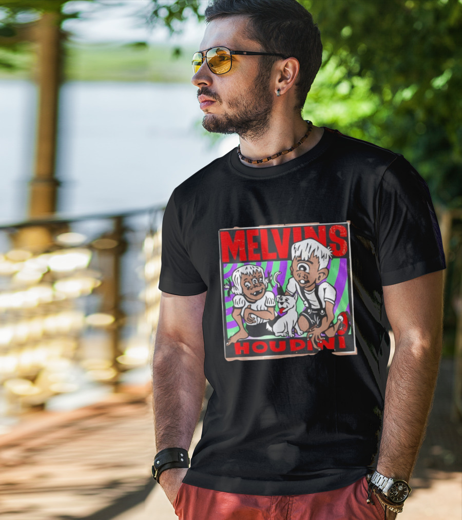 Melvins Houdini Album Cover Art With Two Cartoon Characters And Cat T-Shirt