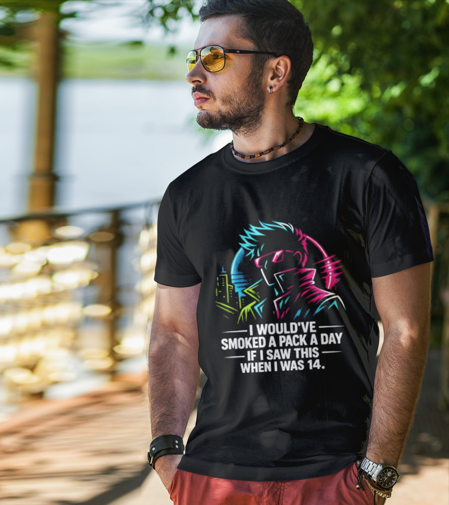 I Would've Smoked A Pack A Day If I Saw This When I Was 14 Retro Cyberpunk Cool Neon Cityscape T-Shirt
