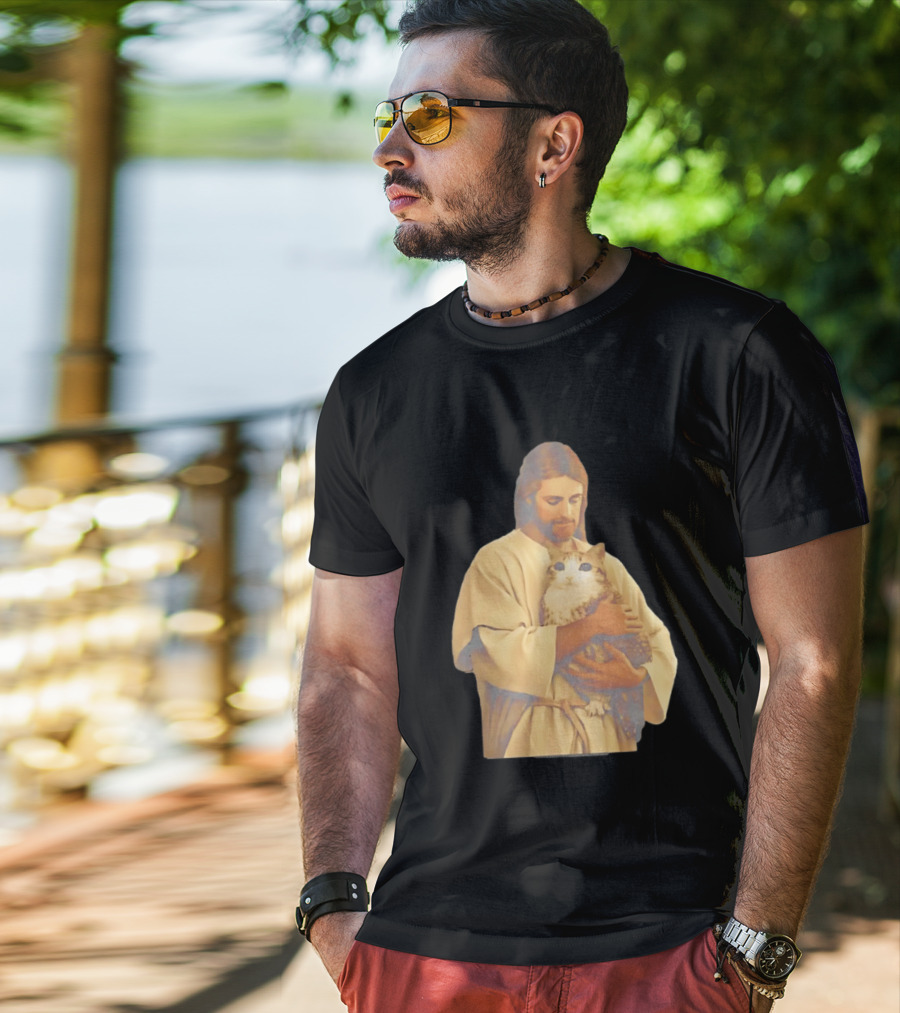 Jesus Embracing Chubby Cat T-Shirt