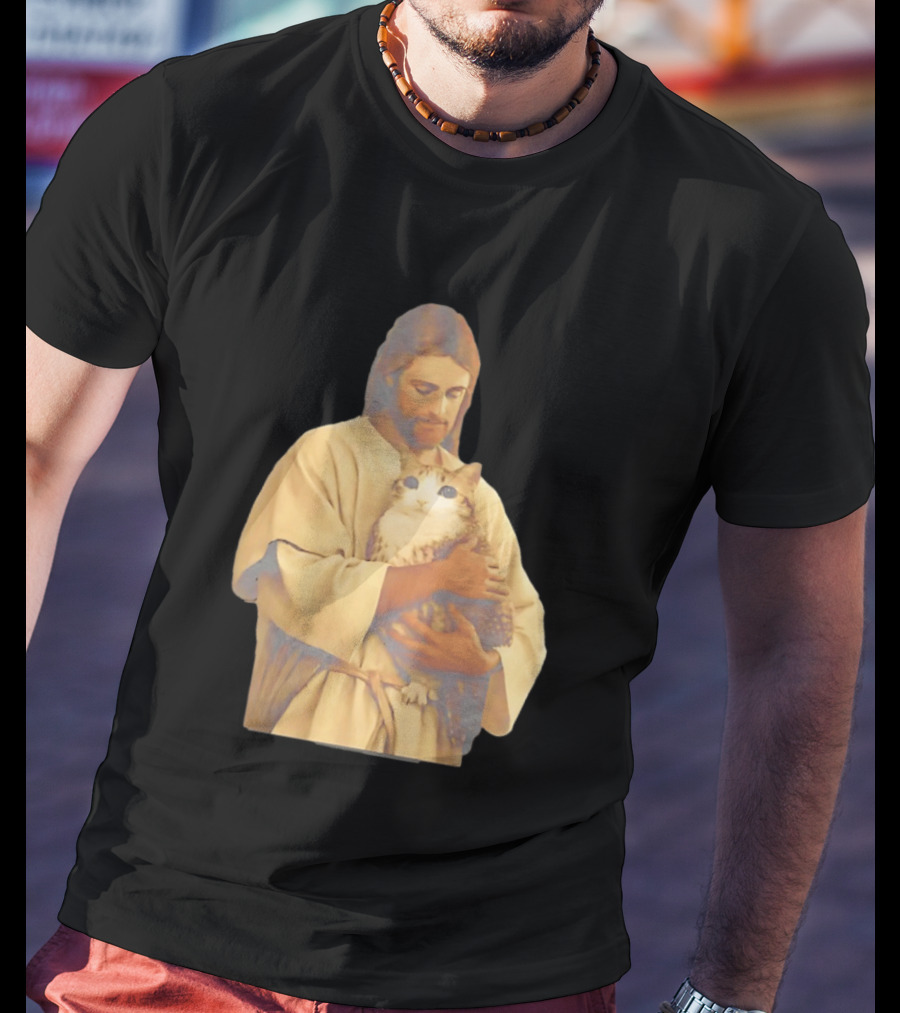 Jesus Embracing Chubby Cat T-Shirt