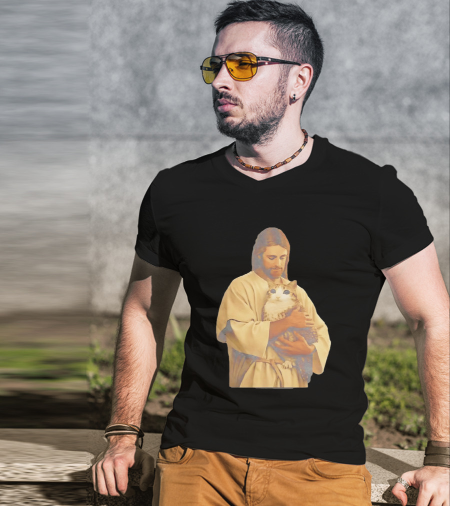 Jesus Embracing Chubby Cat T-Shirt
