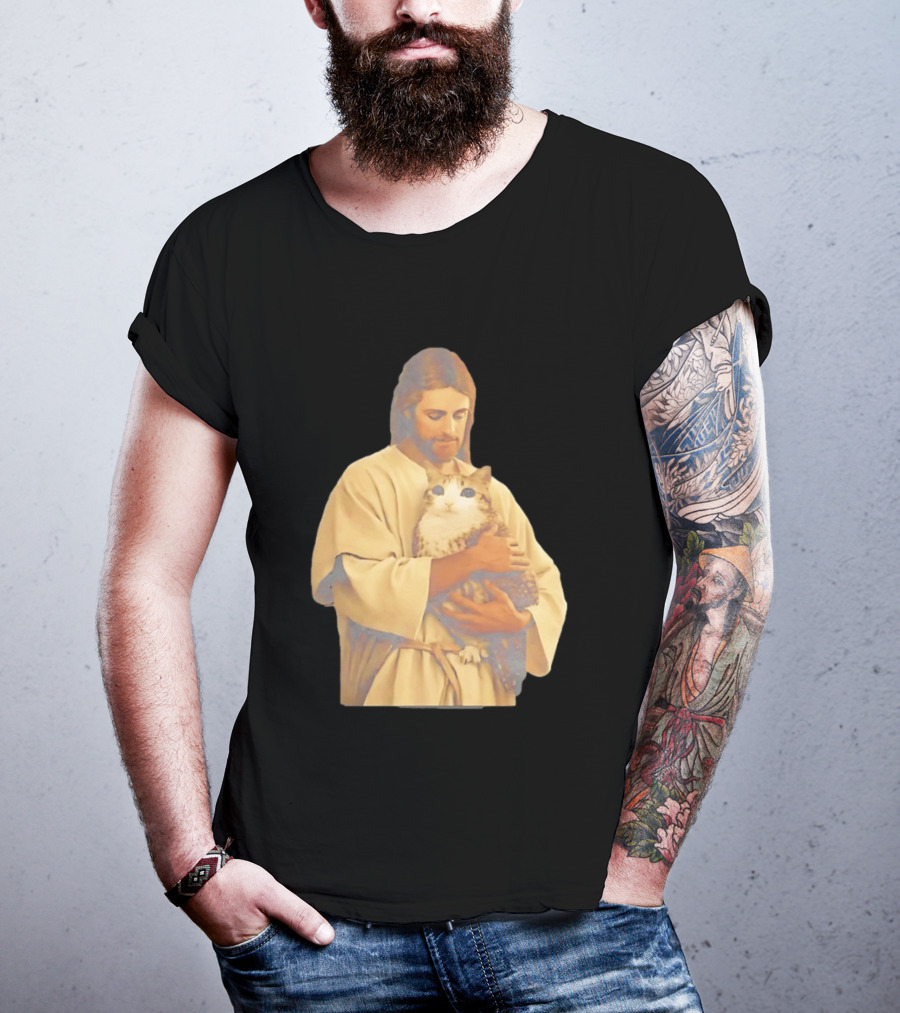 Jesus Embracing Chubby Cat T-Shirt