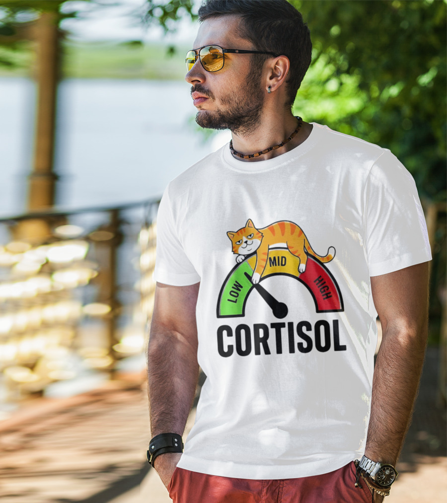 Cat Low Mid High Cortisol Level Meter With Relaxed Orange Cat T-Shirt