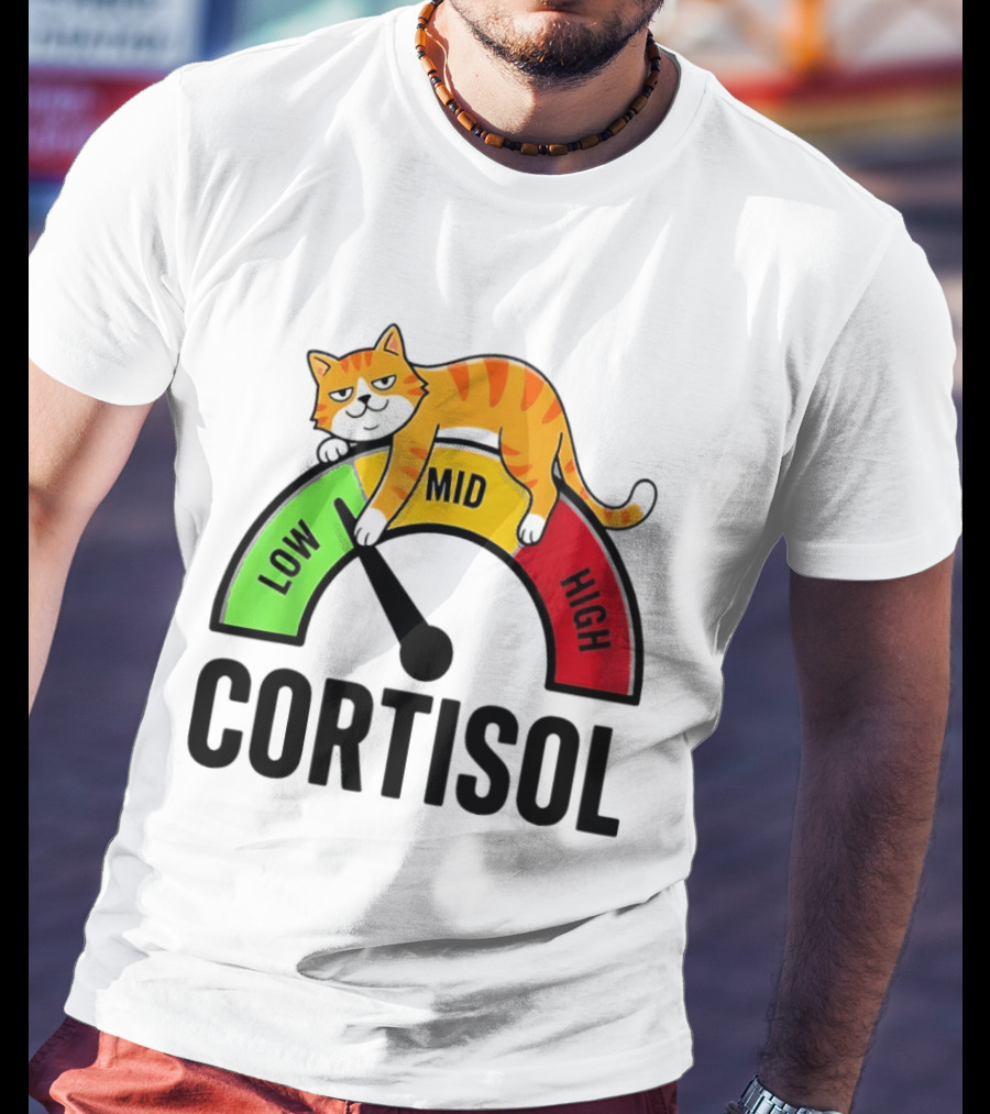 Cat Low Mid High Cortisol Level Meter With Relaxed Orange Cat T-Shirt