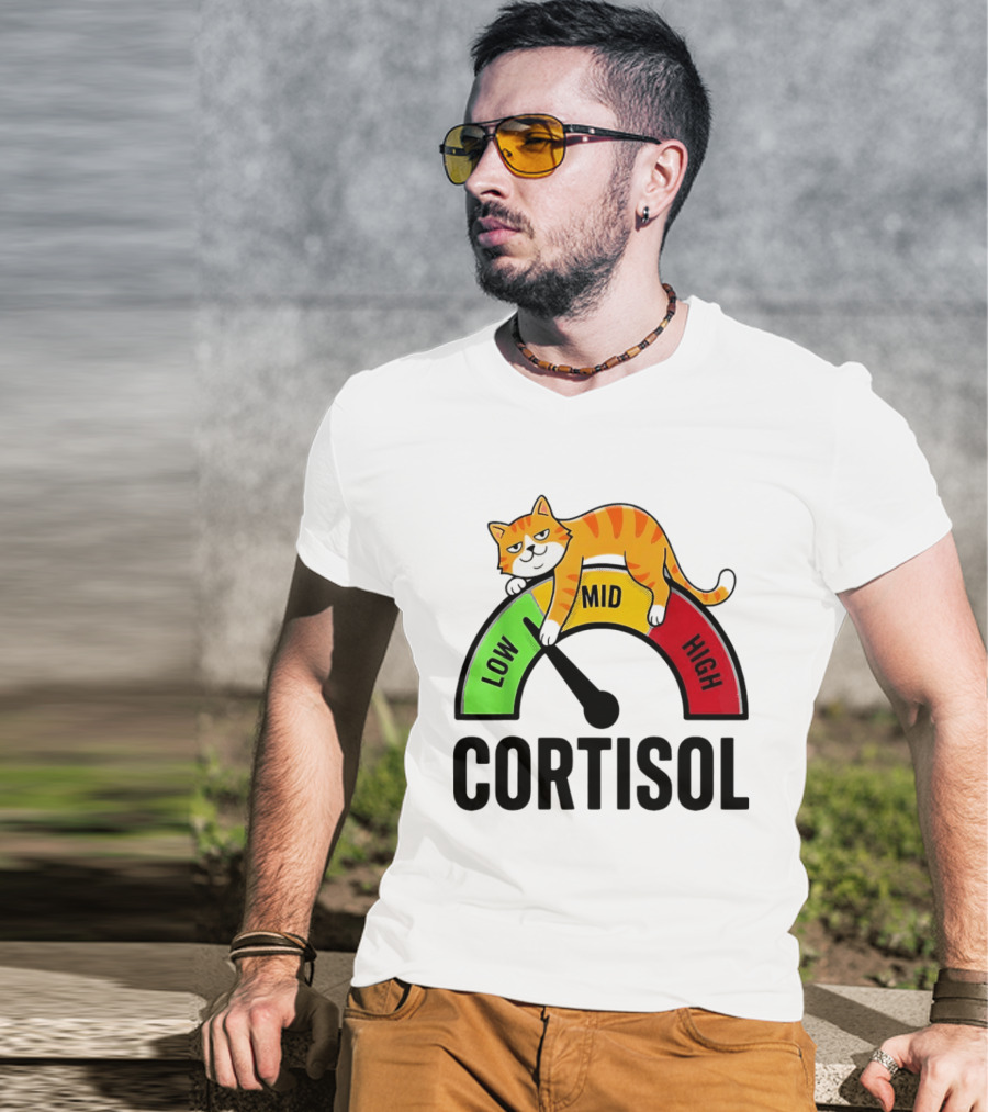 Cat Low Mid High Cortisol Level Meter With Relaxed Orange Cat T-Shirt