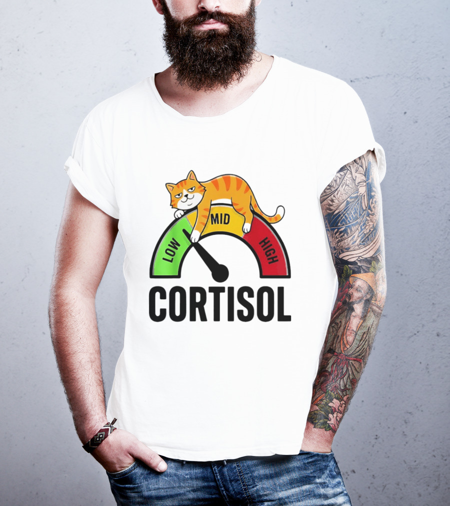 Cat Low Mid High Cortisol Level Meter With Relaxed Orange Cat T-Shirt