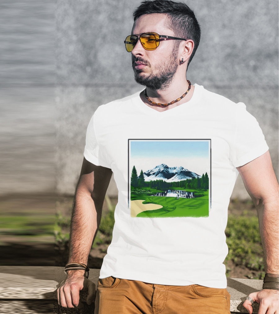 Golf Course Mountain Landscape Scenic Nature Forest Greenery Snowcapped Peaks T-Shirt