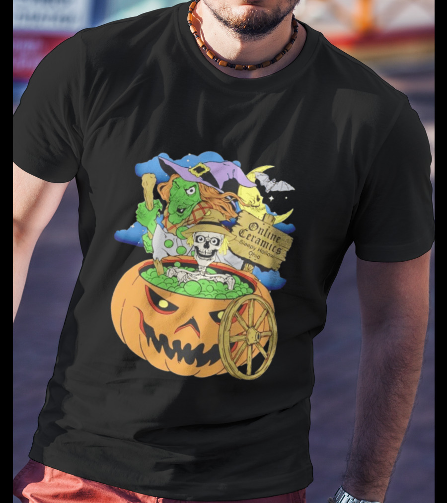Online Ceramics Sleepy Hollow Ohio Witch Skeleton Pumpkin Cauldron Scene T-Shirt
