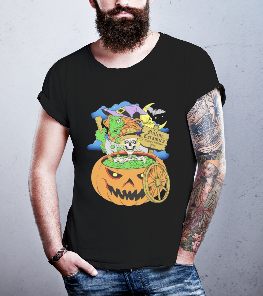 Online Ceramics Sleepy Hollow Ohio Witch Skeleton Pumpkin Cauldron Scene T-Shirt