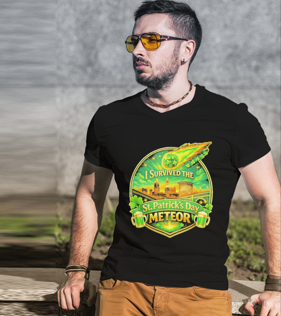 I Survived The St Patrick's Day Meteor 2026 Cityscape And Cloverburst T-Shirt