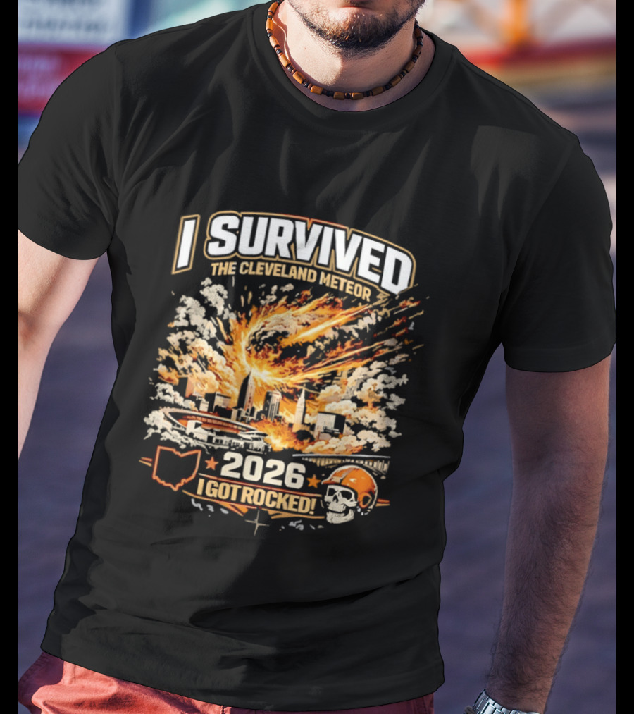 I Survived The Cleveland Meteor 2026 I Got Rocked Explosion Skull Helmet City Skyline T-Shirt