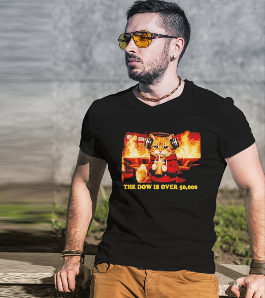Cat Headphones Sipping Drink Couch Fire The Dow Is Over 50000 T-Shirt