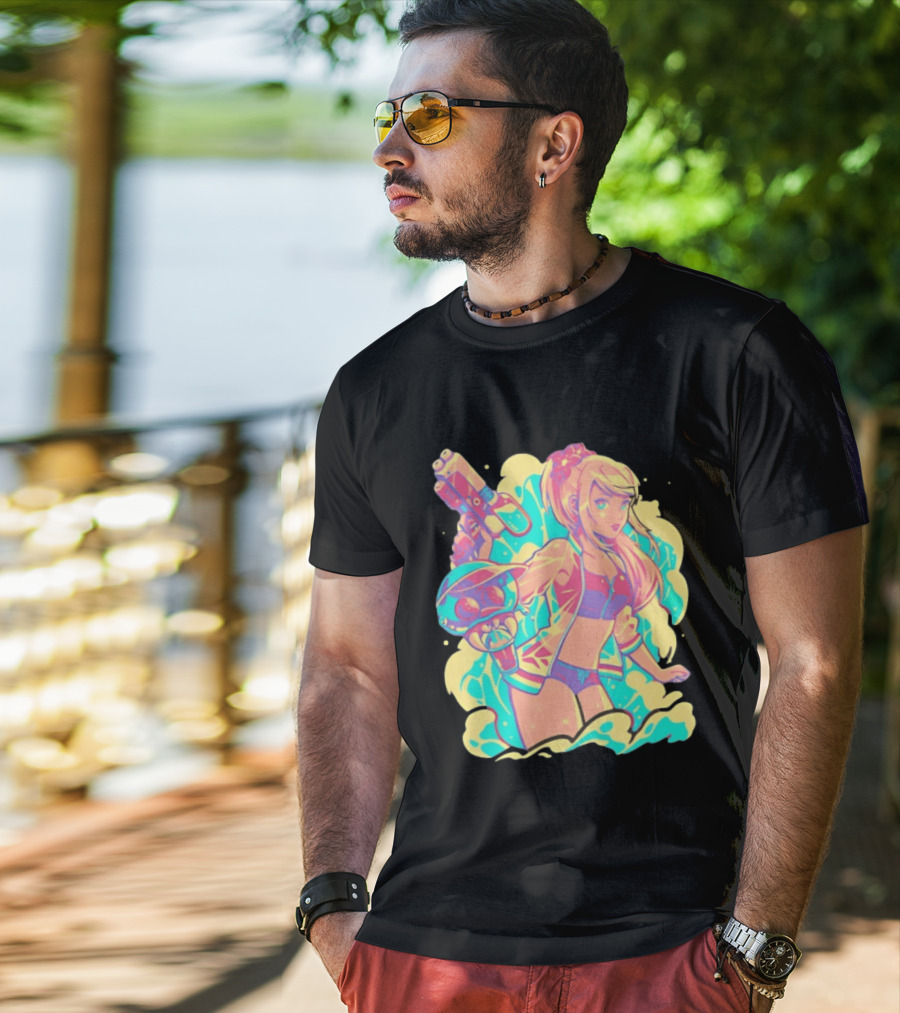Metroid Water Games Neon Anime Girl With Water Gun And Floating Creature T-Shirt
