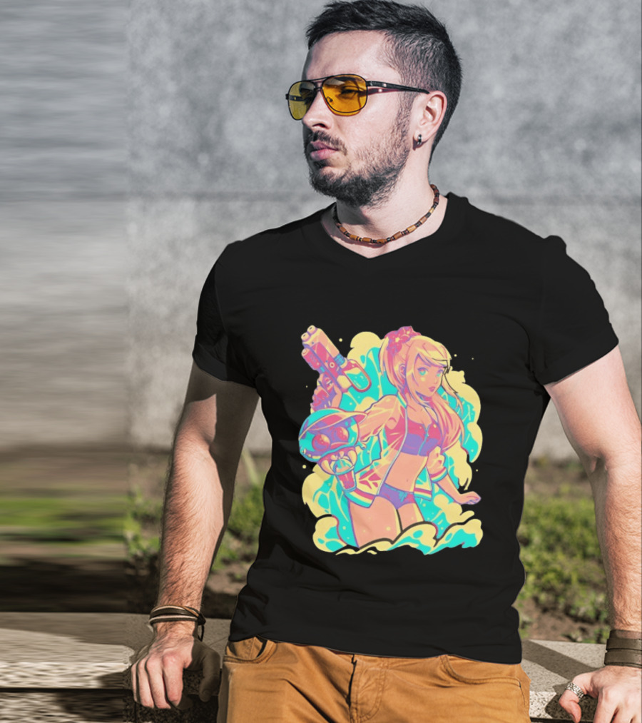 Metroid Water Games Neon Anime Girl With Water Gun And Floating Creature T-Shirt