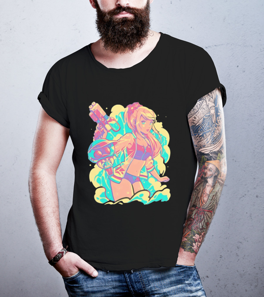 Metroid Water Games Neon Anime Girl With Water Gun And Floating Creature T-Shirt