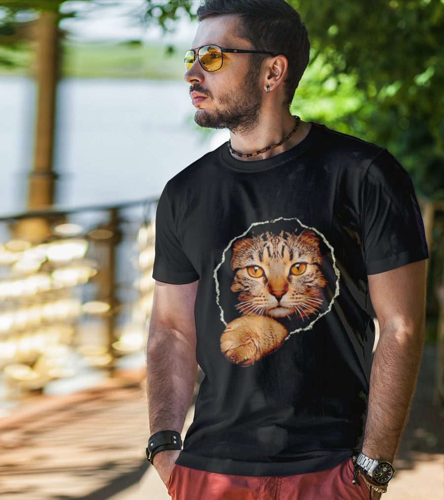 Tabby Cat Golden Eyes Peeking Through Handsome Brown T-Shirt