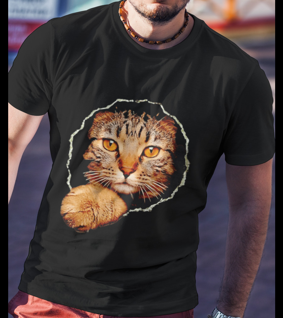 Tabby Cat Golden Eyes Peeking Through Handsome Brown T-Shirt