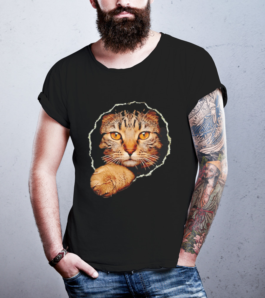 Tabby Cat Golden Eyes Peeking Through Handsome Brown T-Shirt
