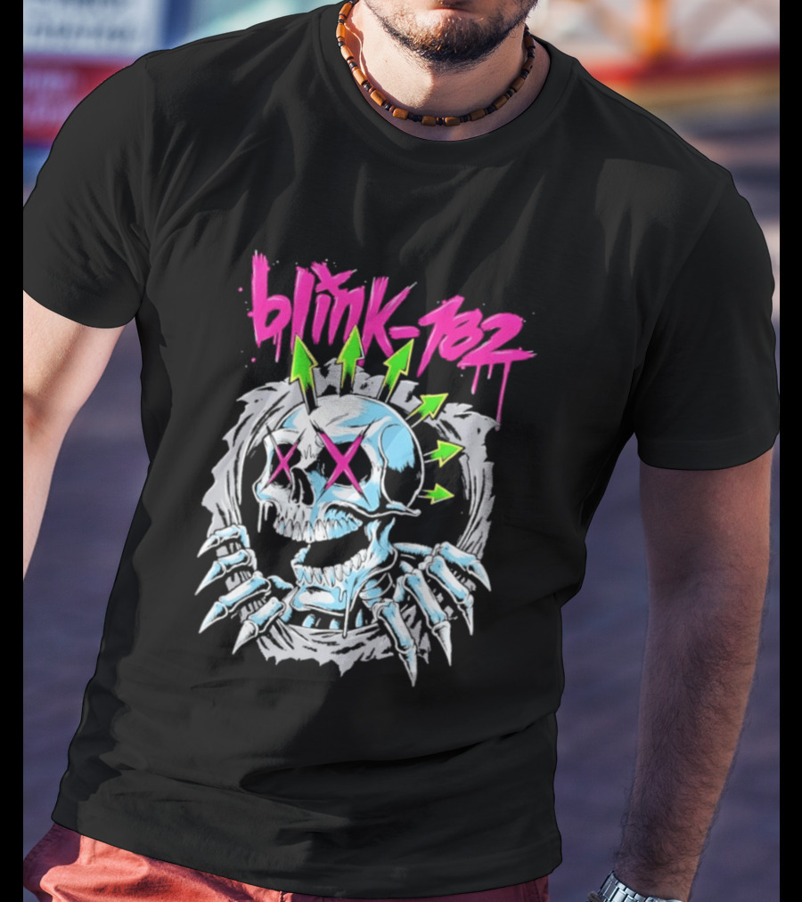 Blink 182 Pink Script With Neon Green Arrows And Punk Skull T-Shirt