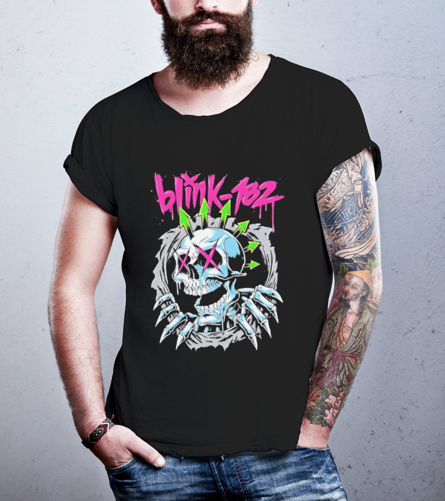 Blink 182 Pink Script With Neon Green Arrows And Punk Skull T-Shirt