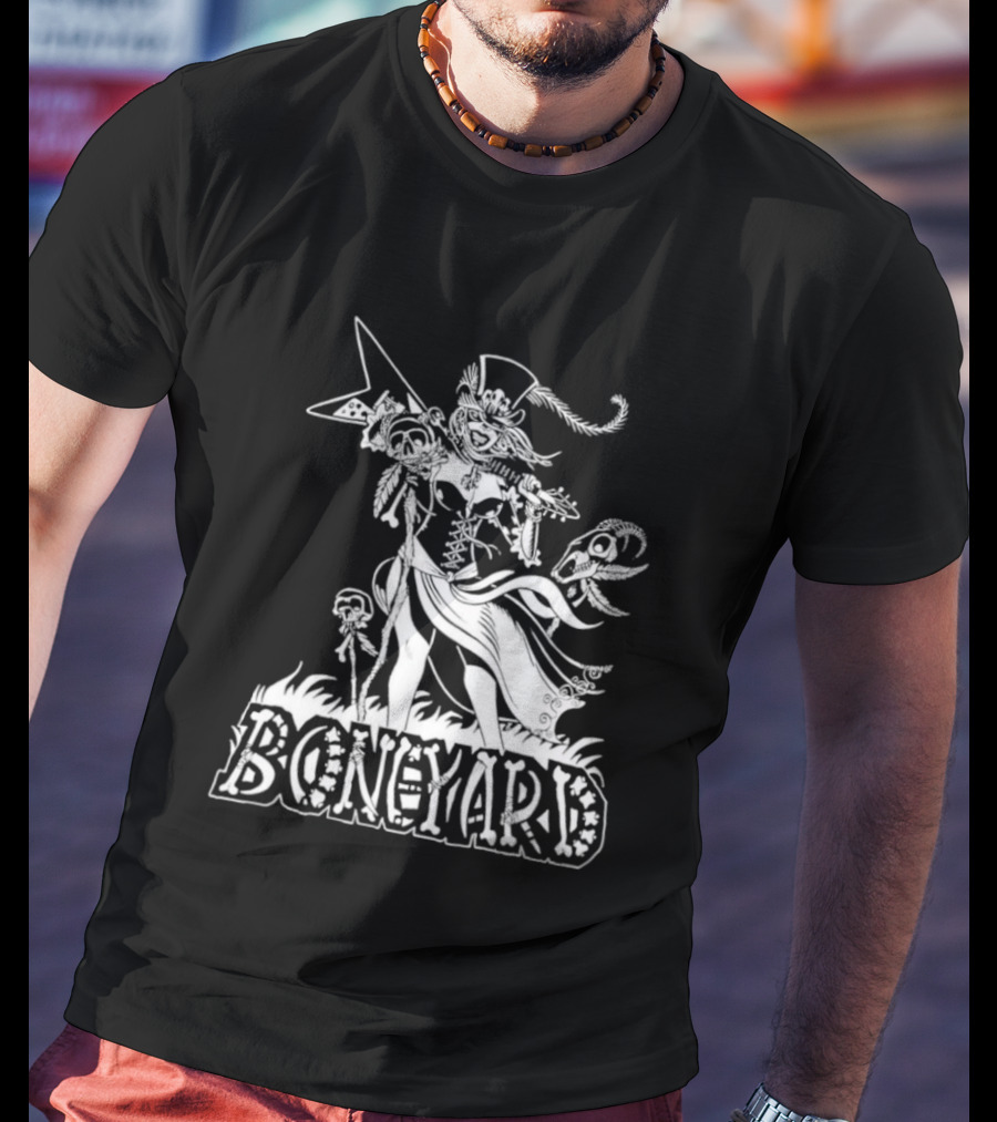 Boneyard Rocker Skeleton Woman Flying V Guitar T-Shirt