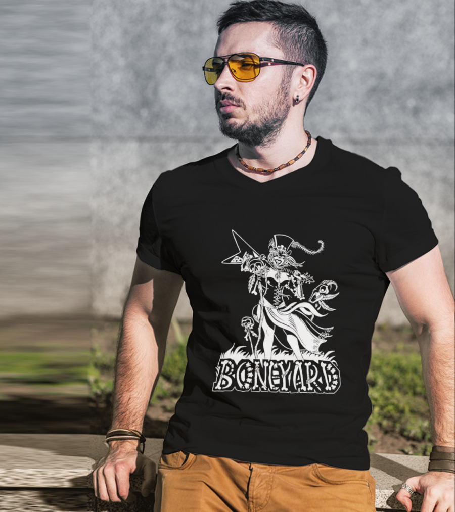 Boneyard Rocker Skeleton Woman Flying V Guitar T-Shirt
